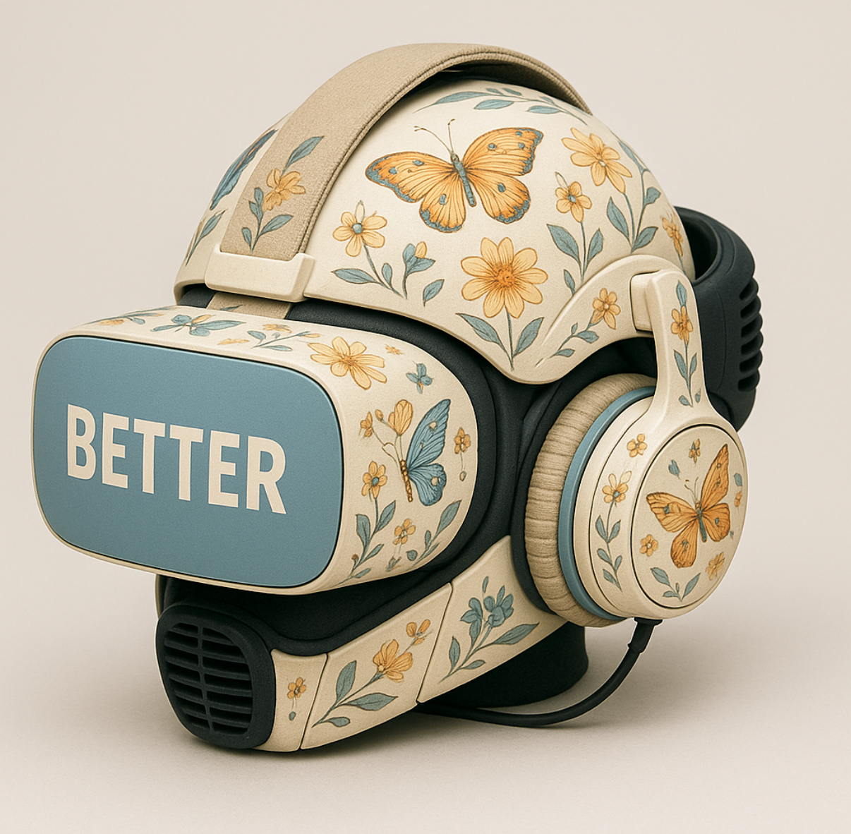Llylia Brains BETTER headset with botanical and butterfly artwork