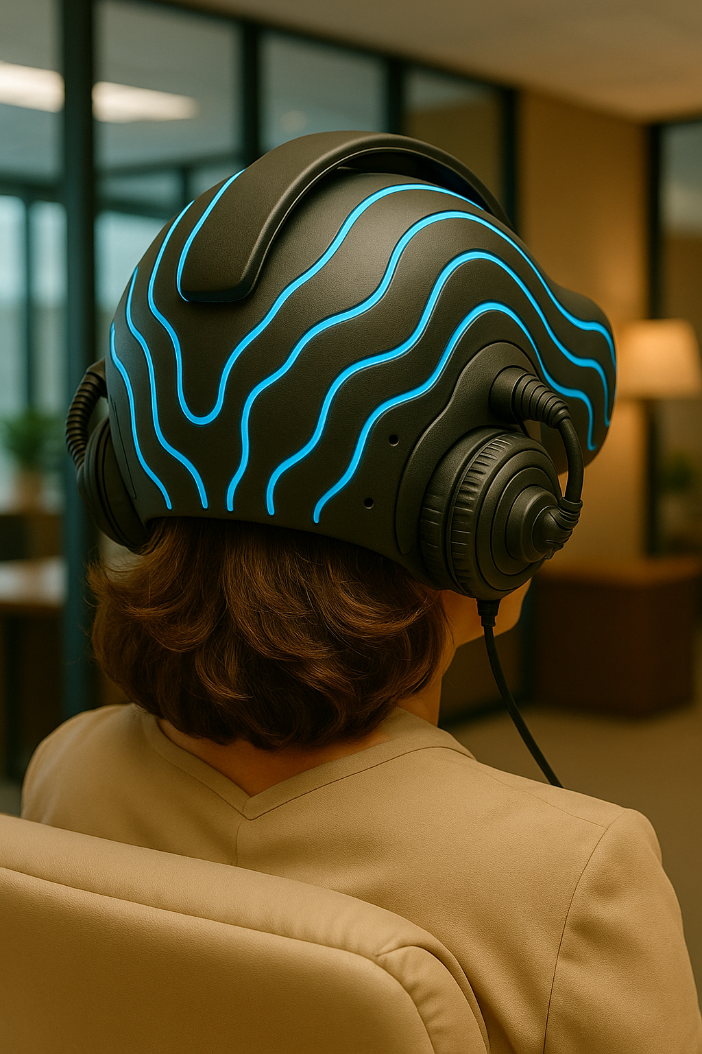Person wearing the Llylia Brains neuro-technology helmet with glowing blue neural traces
